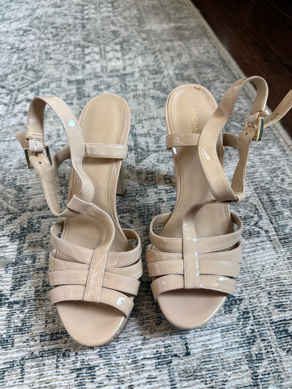 Michael Kors Beige Patent Leather Strappy Block Heels